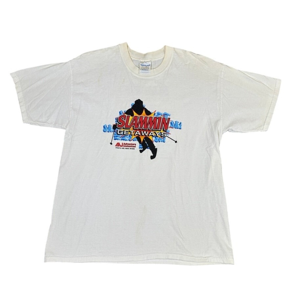 Vintage Gildan Slammin Getaways Skiing T-Shirt White XL Adventure Unlimited NJ